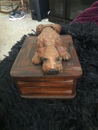 Antique Anri Carved Wood Mechanical Terrier Dog Tobacco Box Late 19th Century