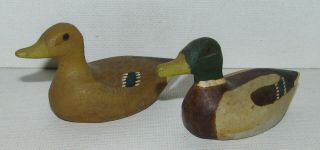 Pair Vintage Folk Art Carved Wood Mallard Duck Figures Salesman Sample ? Tiny Ex