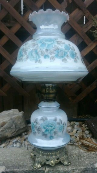 Vtg Victorian Style Large Glass Hurricane Double Light Table Lamp W/ Brass Base