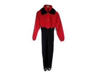 Vintage Nils Skiwear Suit Stirrups Full Body Ski Suit Red Black Fur Collar Sz 6