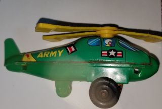 Vintage Japan Tin Litho Friction Helicopter Army Plastic Toy Push Japanese