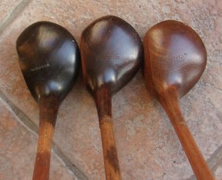 3 Antique Vintage Hickory Wood Shaft Golf Clubs Brassie Spoon Windsor Piccadilly
