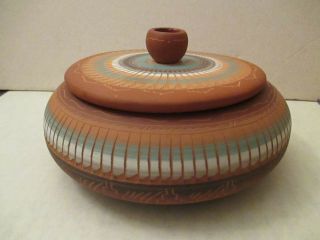 Navajo Native American Indian Hand Etched & Painted Pottery Bowl & Lid Signed