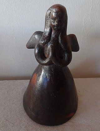 Vintage Mexican Folk Art Brown Clay Pottery Angel Bell & Candle Holder Mexico