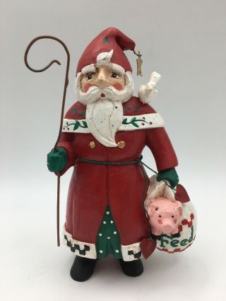 Midwest Cannon Falls Old World Folk Art Santa Claus Holding Pig In Feed Bag 7 " T
