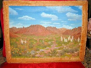 Vintage Colorful Sunlit Desert Landscape Oil Painting In Rare Dried Cacti Frame