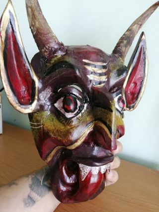 Vtg Mexican Hand Carved Wood Diablo Devil Folk Art Mask Sculpture W/ Real Horns