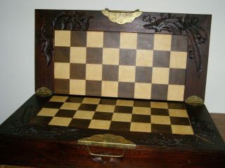 Vintage Chinese Folding Wood Case Chess Set With Brass Handles