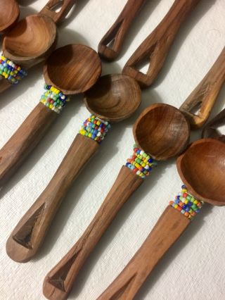 26 African Hand Carved Maasai Olive Wood Spoons Beaded Vintage