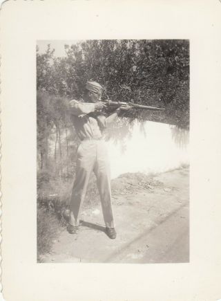 Vintage Photo Military Soldier In Uniform Aiming Rifle Firearm Snapshot
