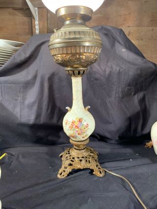 Antique Vintage Electric Oil Parlor Banquet GWTW Lamp Flowers Brass Ornate Base 3