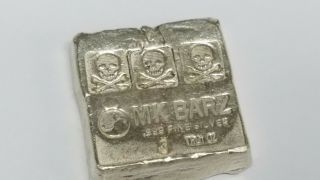 Vintage 3 Tr Ounces.  999 Fine Silver Bar Mk Barz Skulls And Bones Hand Poured