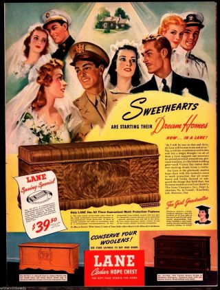1943 Lane Cedar Hope Chest Ad Model 48 - 2073 W/ 48 - 2011,  44 - 1964 Military Brides