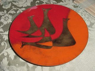 Mid Century Enamel On Copper 9.  75 " Wide Plate Red / Gold Abstract Birds Unsigned