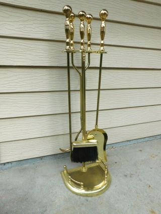 Vtg Antique Style Brass Ball Head Handles Fireplace Tools Stand Complete 5pc Set