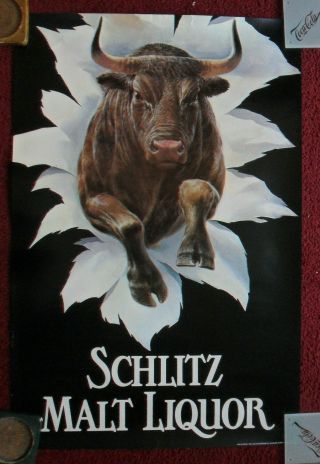 Vintage 1981 Schlitz Malt Liquor Beer Poster Here Comes The Bull Art Artwork