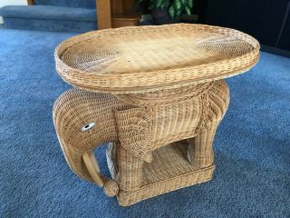 Vintage Wicker Elephant End Table With Removable Top Serving Tray