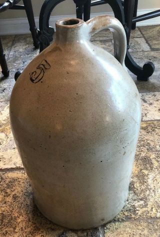 Antique Primitive Stoneware Salt Glazed Crock Jug 5 Gallon Handle (murf)