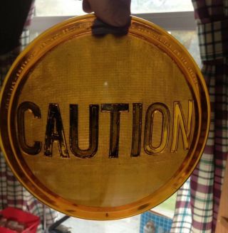 Antique Vintage Yellow Amber Embossed Caution Glass Traffic Light Signal Lens