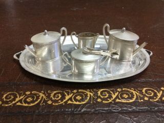 Vtg Sterling Miniature 9 Pc Tea Set W/oval Tray & Removable Lids & Sugar Tongs