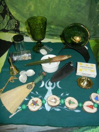 Wicca Altar Set Brass Censer Bell Athame Besom Green Glass Disc Candle Goblet