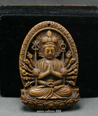 Chinese Tibet Boxwood Hand Carving 1000 Arms Avalokiteshvara Of Goddess Statue Y