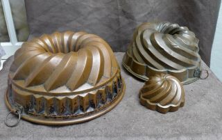 Three Antique Copper Baking Tins For Cake Dutch 19th.  Century