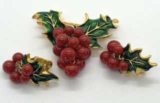 Vintage Signed Boucher Enamel Holly Christmas Brooch & Earrings 8879 P