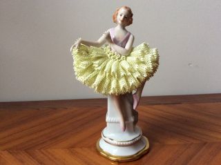 Volkstedt Dresden Sitzendorf Porcelain Girl Yellow Dress Lace Figurine Figure