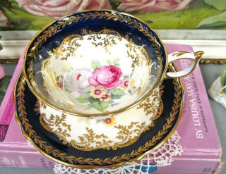 Paragon Tea Cup And Saucer Cobalt Blue & Rose Floral Gold Gilt Teacup Wide Set