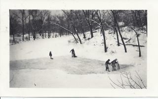 1013p Vintage Photo Young Kids Ice Skating On A Frozen Pond In Winter Sledding