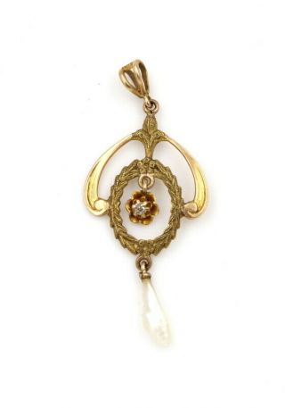 10k Gold Antique Victorian Era Diamond & Baroque Pearl Lavalier Pendant 7173 - 5