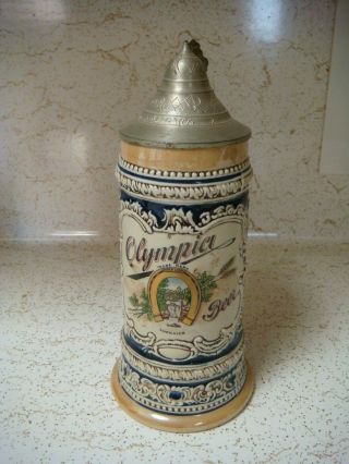 Olympia Beer Ceramic Stein With Hinged Metal Top