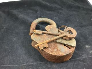 Vintage Antique Large Iron Padlock Lock With Keys