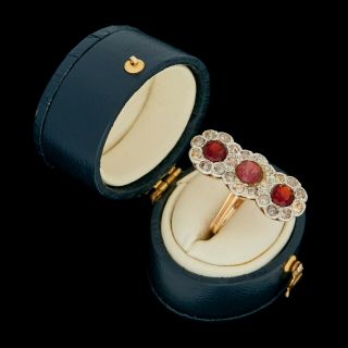 Antique Vintage Art Nouveau 14k Gold Garnet 1.  76 Ct Diamond Wedding Ring S 5.  5