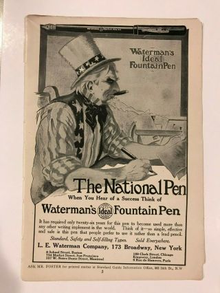 Antique 1912 Print Ad Watermans Fountain Pen The National Pen Writing