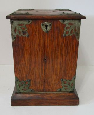 Rare Antique Wooden Arts And Crafts Tea Caddy Brass Accents With Oak