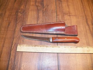 Vintage Wood Handle Fillet Knife W Leather Sheath (blade Marked 61s - Be)