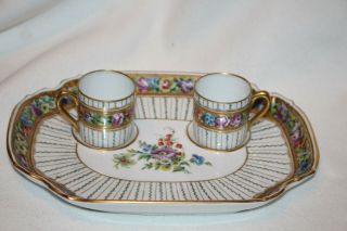 Antique Sevres France Porcelain Double Saucer With 2 Cups,  Finest Quality