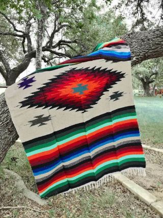 Thick Mexican Woven Blanket Rainbow/tan 79x50 "