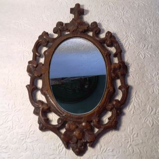 Antique 1800s Black Forest Carved Walnut Detailed High Relief Wood Frame Mirror