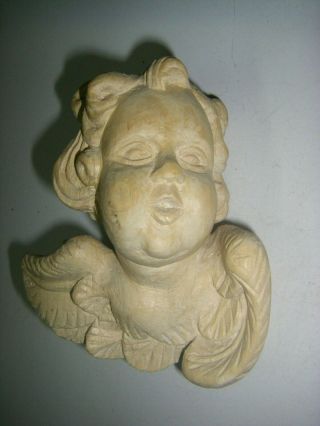Angel Winged Cherub Head,  Hand Carved And Wood Wall Hanging
