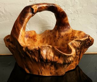 Large Hand Carved Knobby Burl Root Wood Handled Display Basket Bowl Rustic