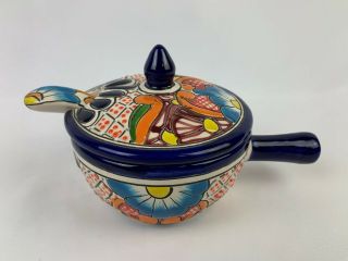 3 Pc Salsa Bowl With Spoon And Lid Mexican Talavera Ceramic Pottery Folk Art