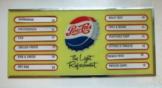 Vintage Pepsi " The Light Refreshment " Slotted Menu Sign Mirro - Products Nc Usa