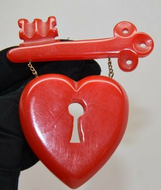 Vintage Large Rare Cherry Red Key To My Heart Bakelite Brooch