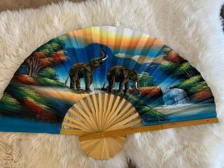 Large African Bamboo Fan Hand Painted With Elephants