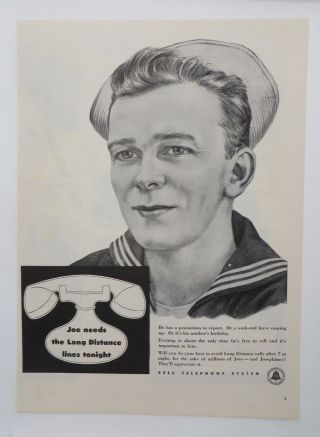 Print Ad 1943 Bell Telephone System Joe Needs Lines Tonight Art Sailor