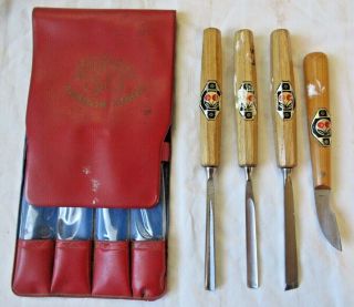 Marke Set Of (4) Wood Carving Tools / Chisels W/holder Made In Germany