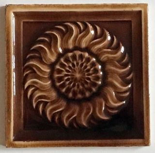 J & J G Low Art Tile Art Pottery Brown Stylized In Relief " Sunflower " Tile